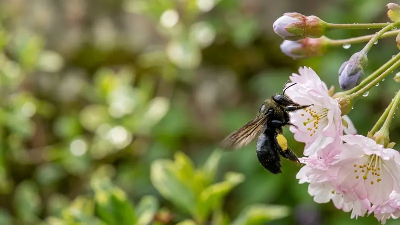 A bee carrying pollen on a pink spring blossom
